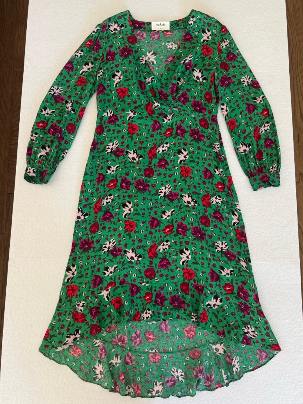 ba&sh Paloma Green Floral Wrap Midi Dress Ruffle High Low Hem Size 3 US 10 - Picture 2 of 16